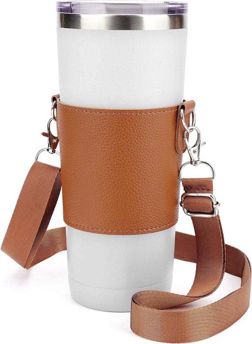 Bekerdrager met riem - Riemhouder - Eenvoudig modern ontwerp - Lichtbruin - Compatibel met bekers - Cup sling tashouder - Schouderriem - Geschikt voor diverse bekers - Veganistisch leder.