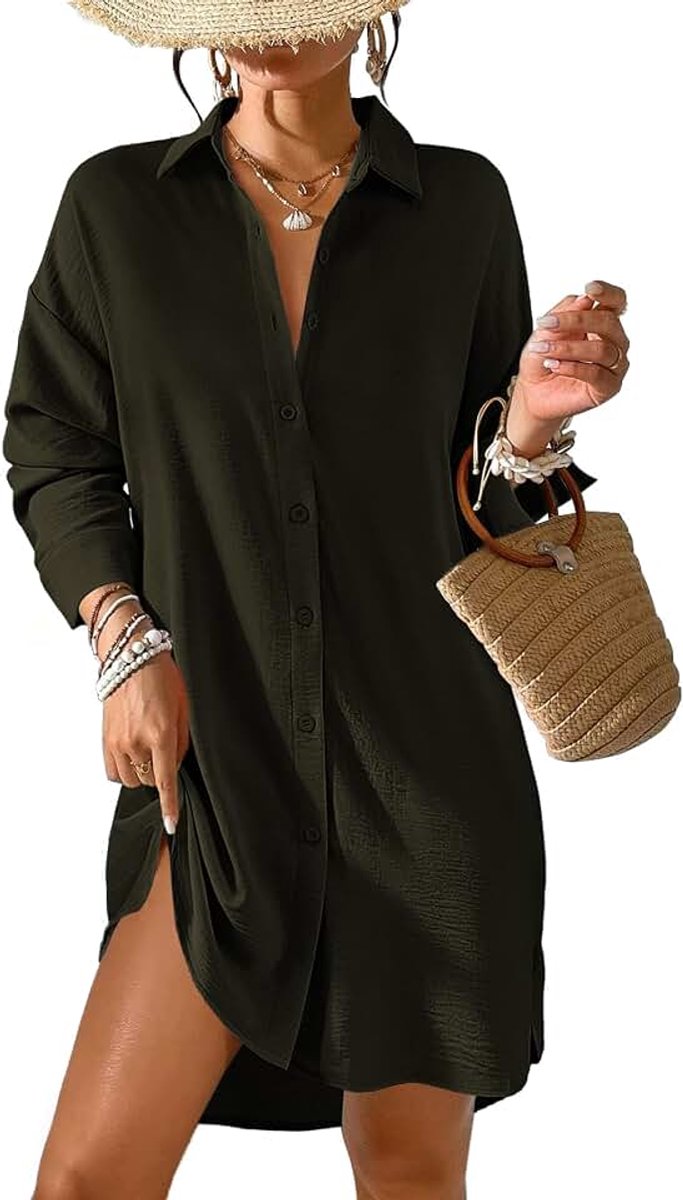 Strandjurk voor dames, bikini-cover-up, zomer, strandblouse, strandhemd, V-hals, strandponcho, badmode, strand, cover-up shirt