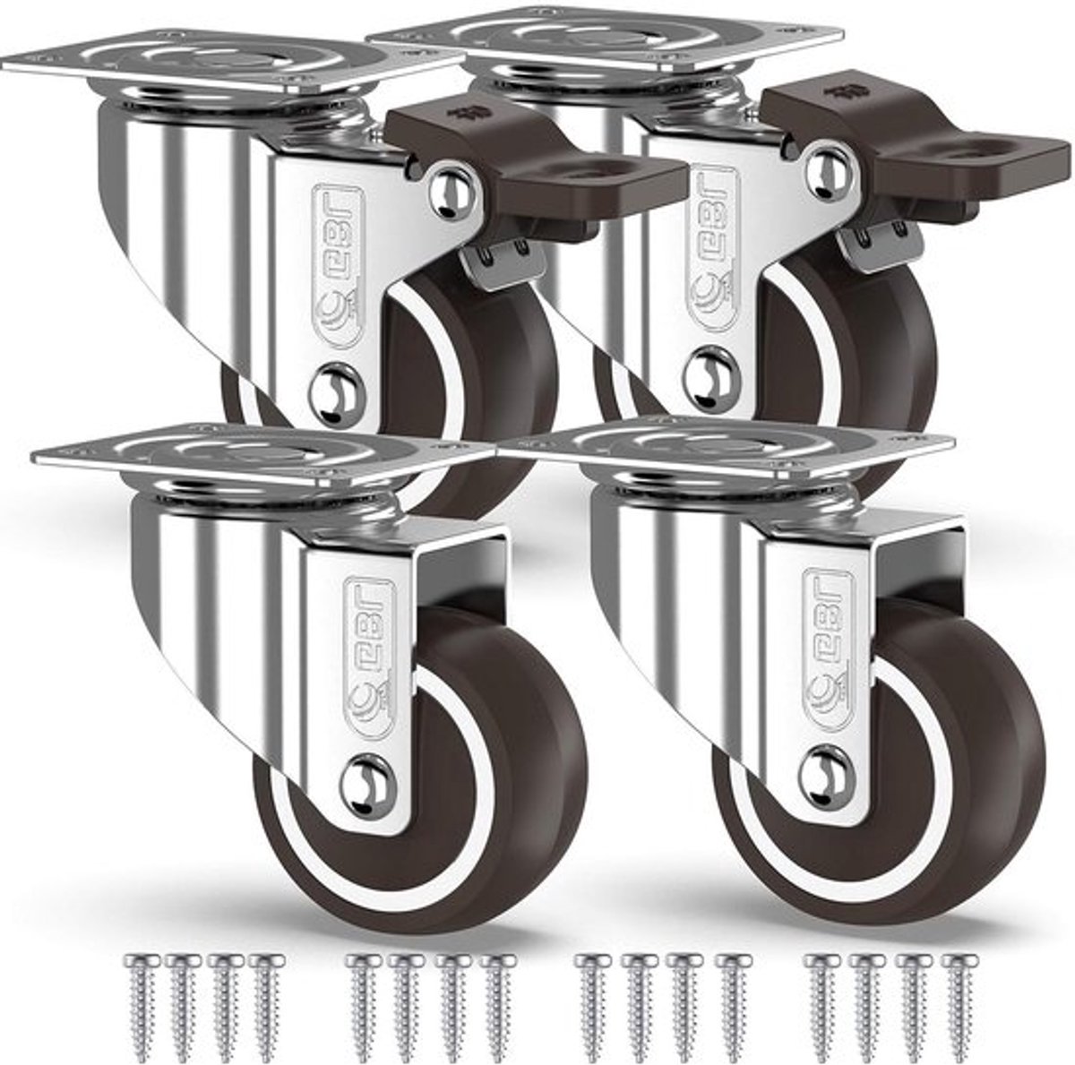 Zwarelast Zwenkwielen - Wielen voor Meubels - Rubberen Trolleywielen - 50 mm tot 200 kg - 4 Stuks - Zilver.