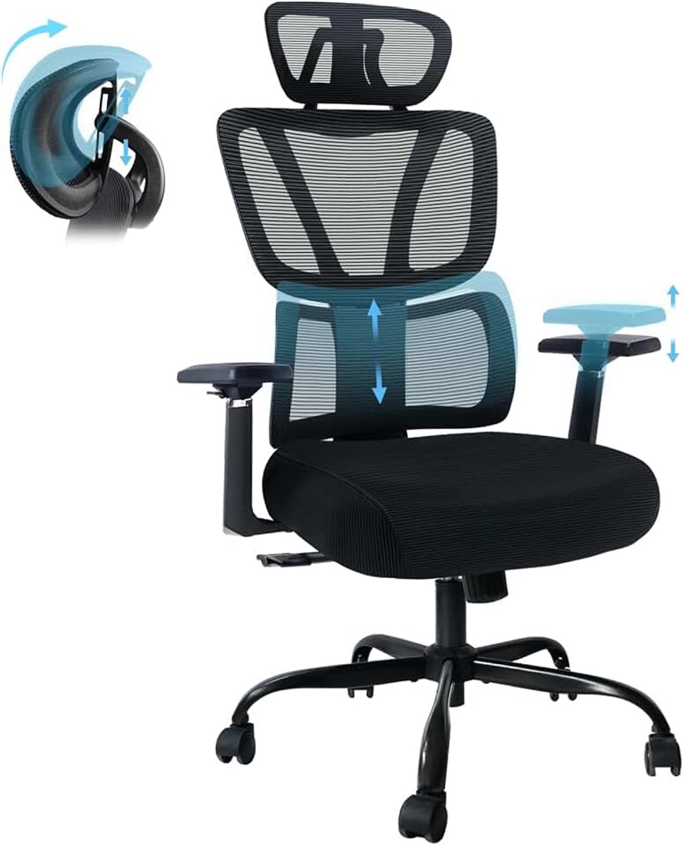 Bureaustoel met 3D Armleuningen en Verstelbare Hoofdsteun, Desk Chair met Dynamische Lendensteun, Ergonomic Office Chair in Hoogte Verstelbaar Draagvermogen 150 kg Zwart