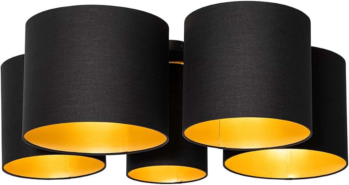 - Modern Plafondlamp zwart met gouden binnenkant 5-lichts - Multidrum | Woonkamer | Slaapkamer | Keuken - Stof Rond - E27 Geschikt voor LED - Max. 5 x 40 Watt