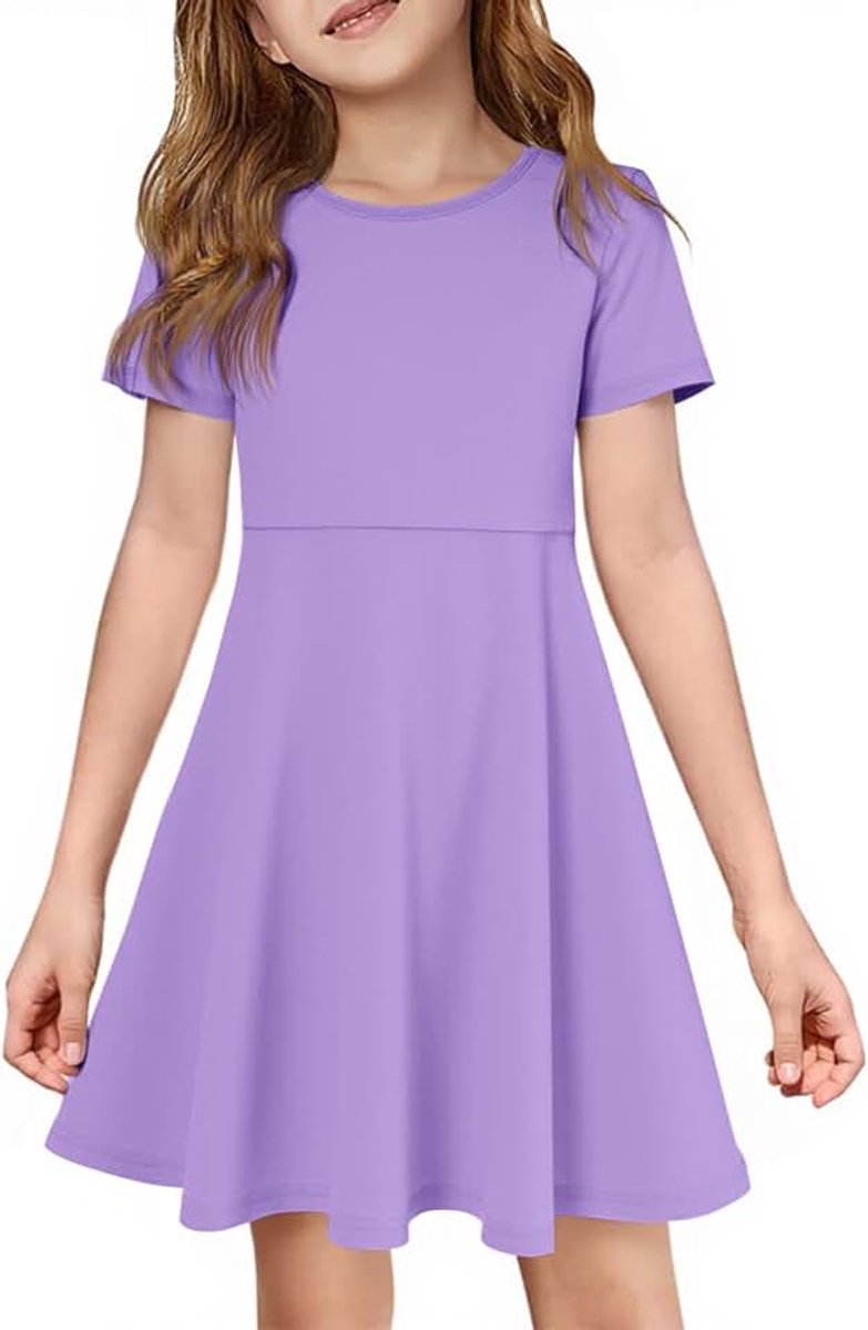 Meisjesjurk met korte mouwen, ronde hals, vrijetijdsjurk, A-lijn, ruches, zomerjurk, effen, casual, elegant, feestjurk, verjaardag, bruiloft, feestelijke jurk
