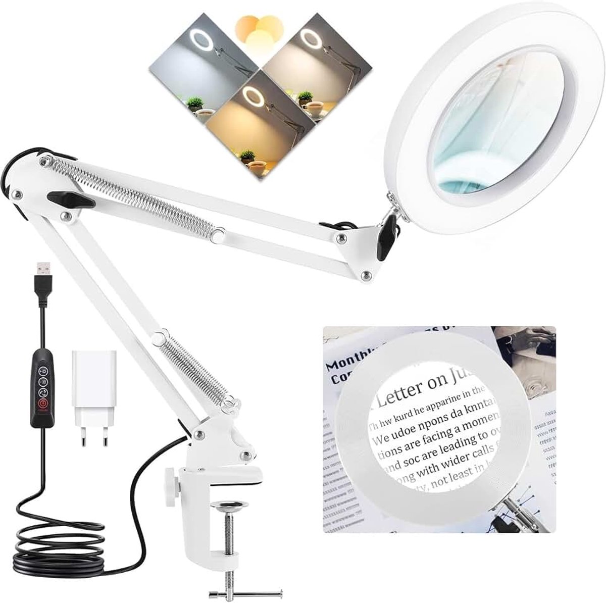 Vergrootglas met licht en standaard, 10 x led-vergrootlamp met klem, led-vergrootlamp met 3 kleurmodi, dimbaar, lamp met vergrootglas voor ambachtelijke reparaties en close-ups, tafelloep