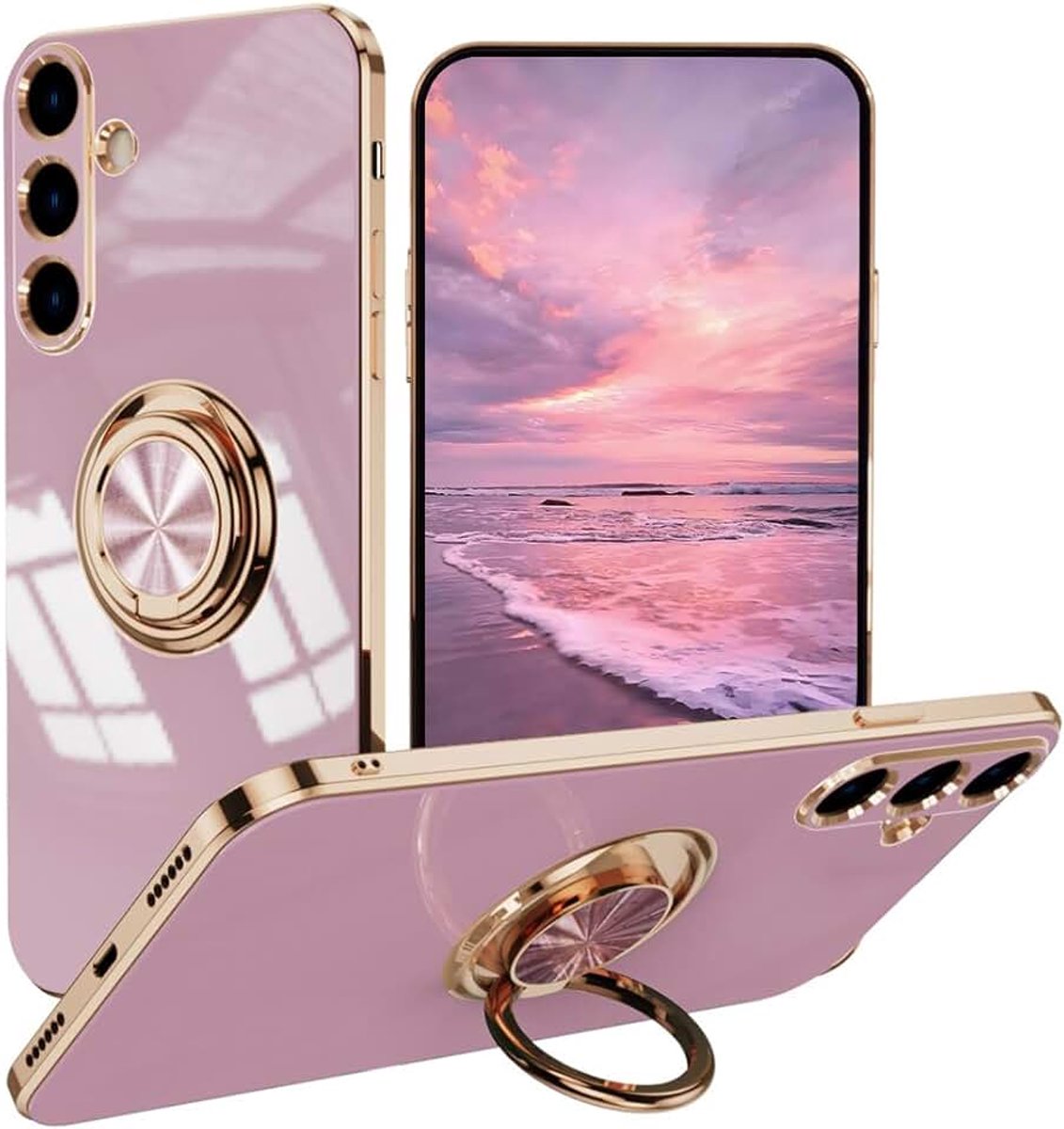 Hoesje voor Samsung Galaxy A54 5G, ultradun, schokbestendig galvanisch ontwerp hoesje met ringhouder, zachte TPU siliconen bumperhoes. Paars