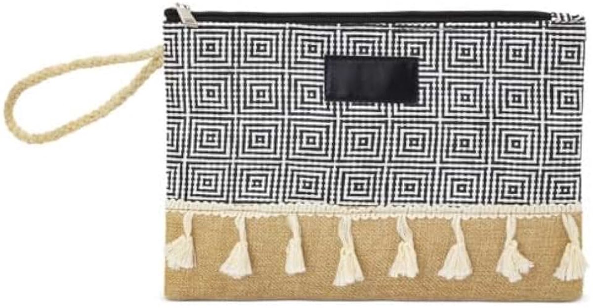 Toilettas van jute en polyester, geometrisch patroon met kwasten en versieringen van katoen, 26,5 cm x 18,5 cm, Zwart, Klassiek