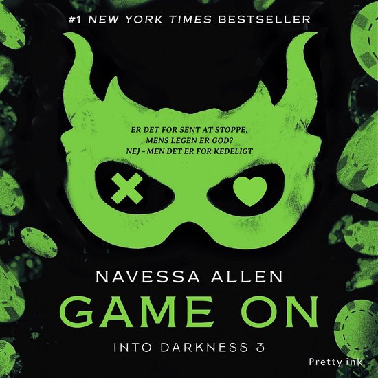 Livre 'Game On' de Navessa Allen. Masque vert avec des cornes de diable et des pictogrammes de croix et de cœur. N°1 des best-sellers du New York Times.