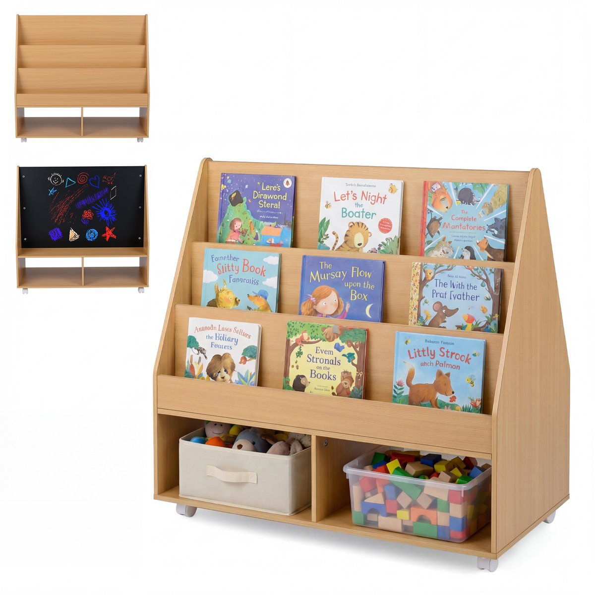 COSTWAY Kinderrek dubbelzijdig, Boekenrek voor kinderen met krijtbord & wielen, Speelgoedrek montessori met 3 planken & 2 vakken, Krantenstandaard van hout, Opbergrek voor kinderkamer (natuur)