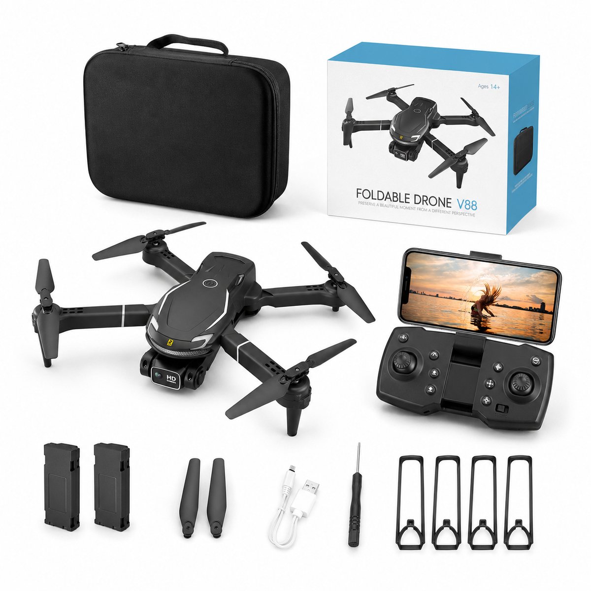 Gloovon® Opvouwbare Drone met Camera - 8K Dual Camera - 2 Accu's - 40 Minuten Vliegtijd - Inclusief Luxe Opbergtas - Zwart