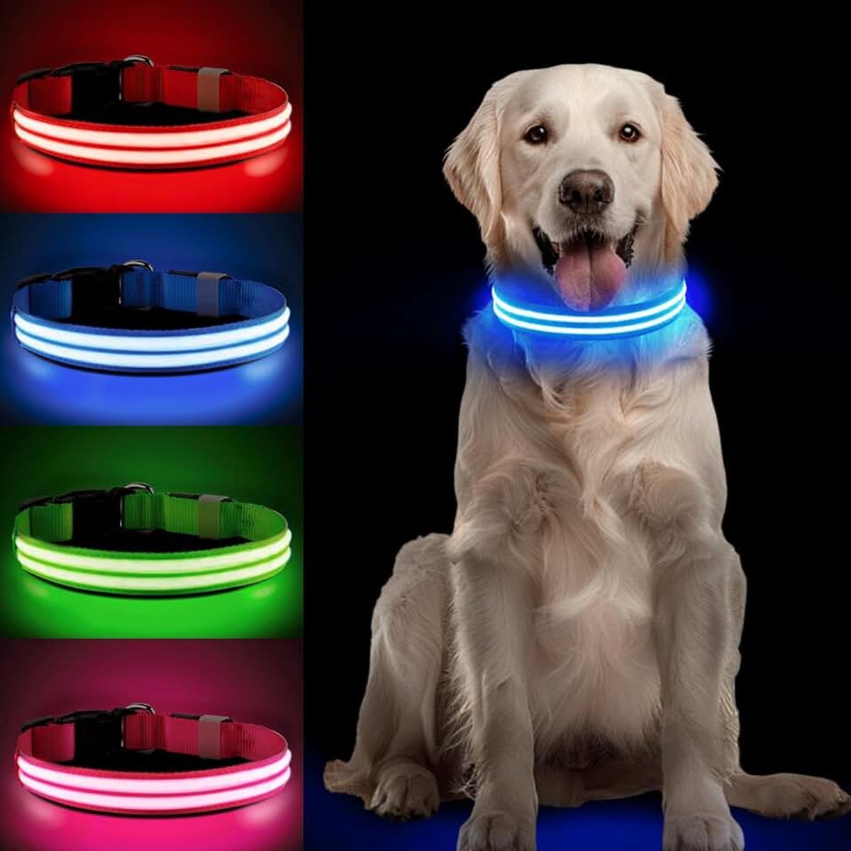 Oplaadbare hondenhalsband, led-hondenhalsband, 3 modi, waterdicht, verstelbaar, lichtgevend, veiligheidshalsband voor kleine en middelgrote honden, blauw (DC5000)-L