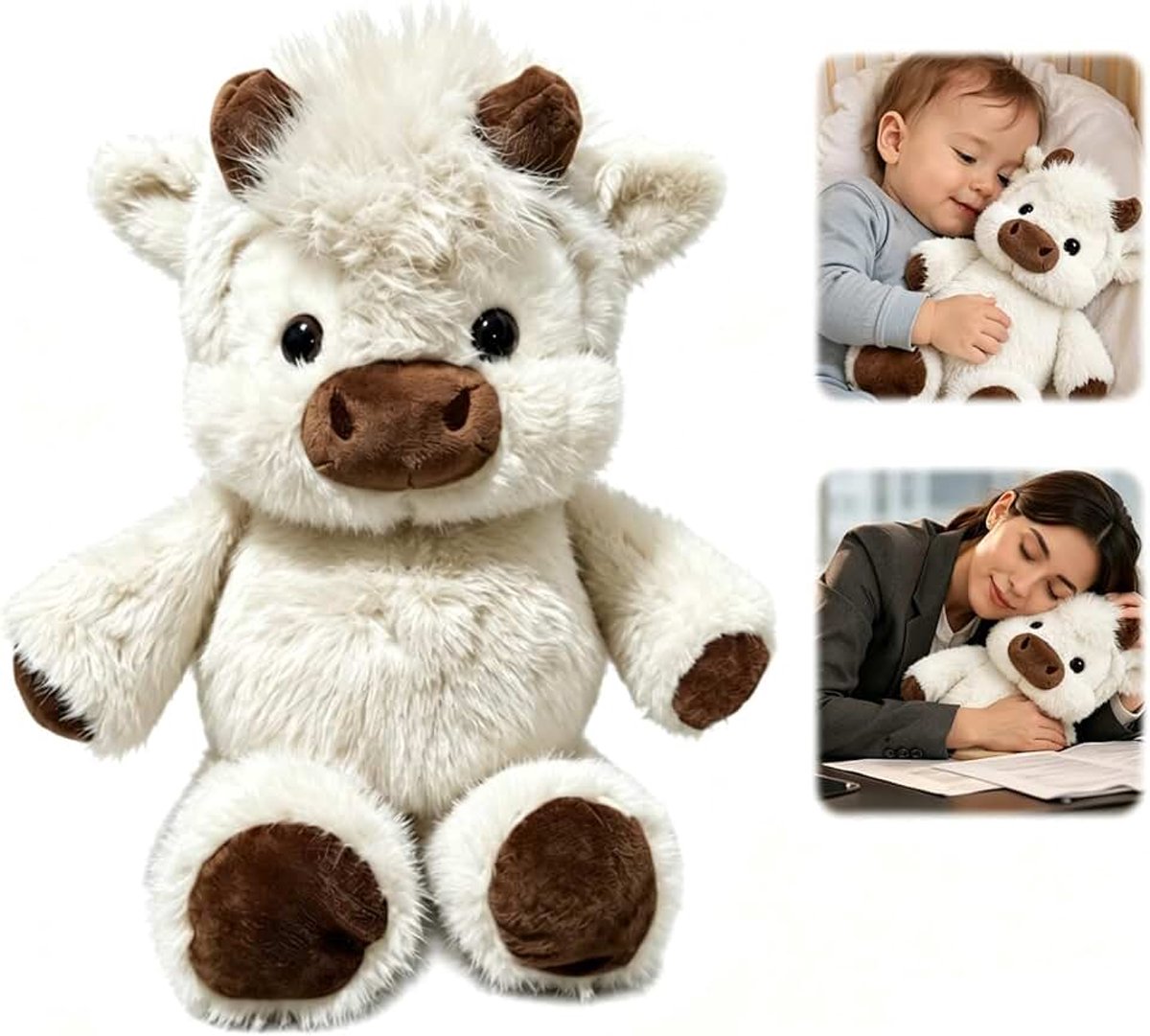 Knuffeldier koe, pluche dier, 45 cm, zacht knuffeldier met lange vacht, pluizig knuffelkussen voor kinderen en volwassenen, schattig pluche figuur voor bank, bed en cadeau (wit)