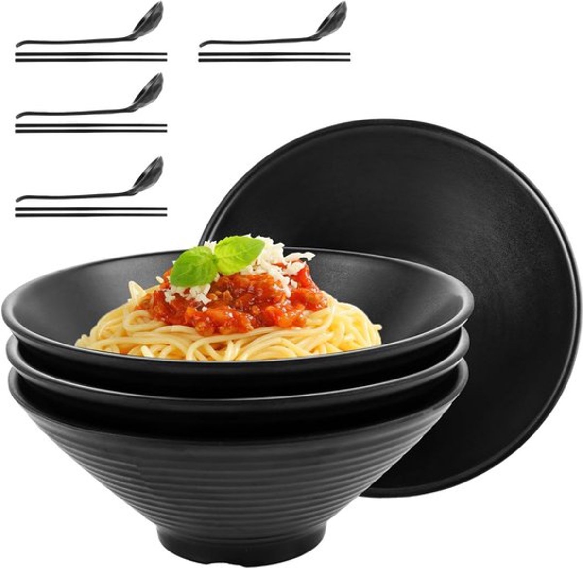 Set van 4 Japanse Ramenkommen van Melamine met Lepel en Chopsticks - Ideaal voor Ramen, Pasta en Salades - 1000ml, 8 x 3 Inch