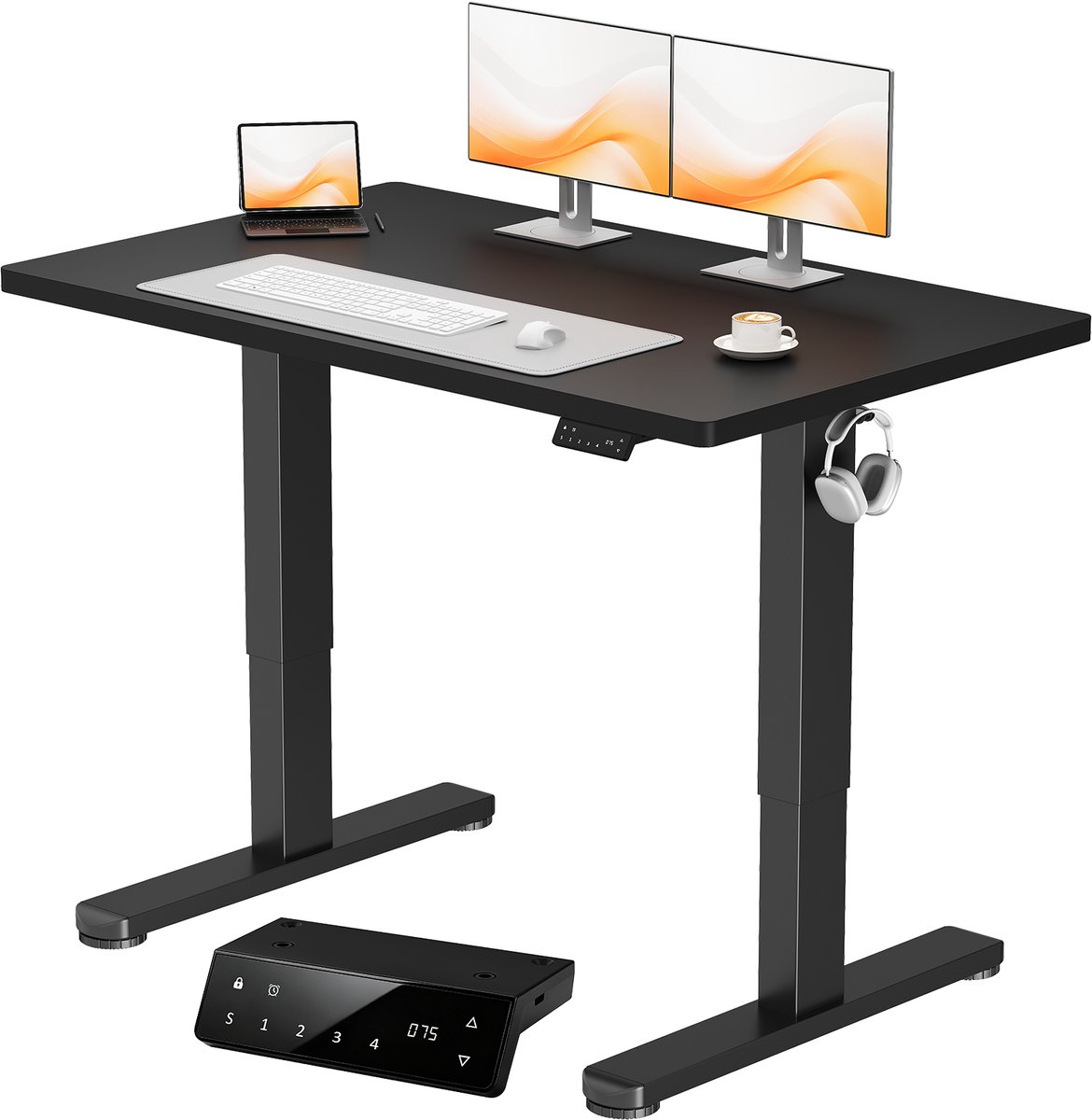 Devoko elektrisch zit-sta bureau 120 x 60 cm - dubbele motor, stevig 25 mm werkblad uit één stuk, USB en USB-C - Zwart