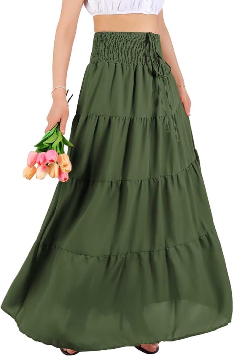 Rok voor dames, zomer, chiffon, Bohemian maxirok, elastische zomerrok met hoge taille, effen strandjurk