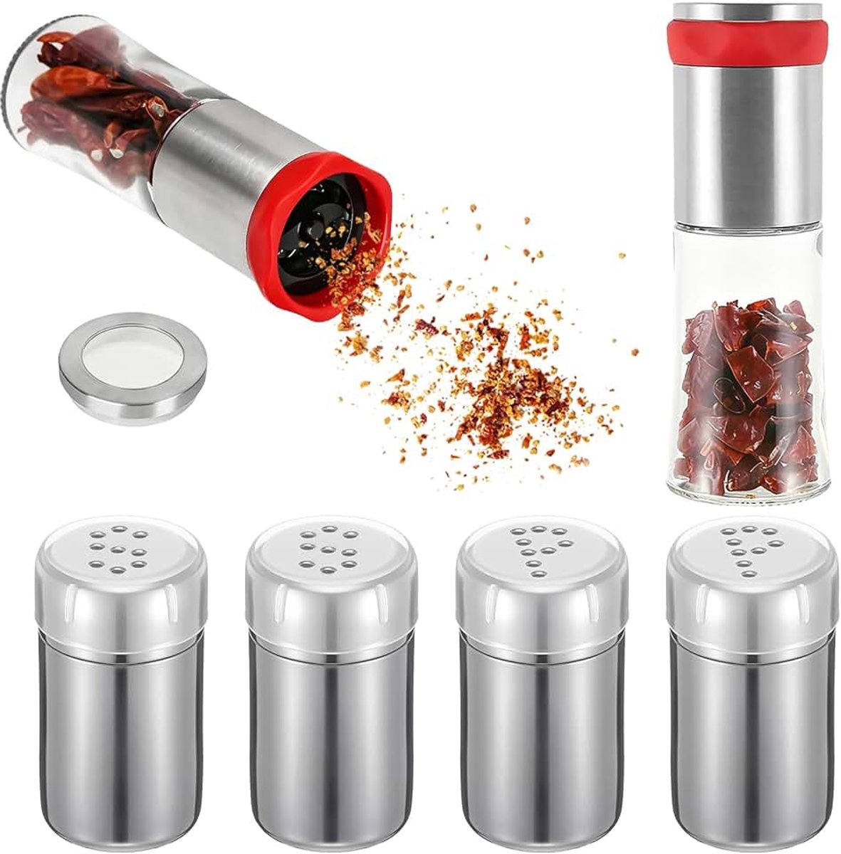 Chilimolenset met 4 mini-zoutvaatjes, 170 ml roestvrij staal, kruidenmolen van glas voor grove specerijen en gedroogde chilipepers, ideaal voor restaurant, camping en barbecue in de open lucht