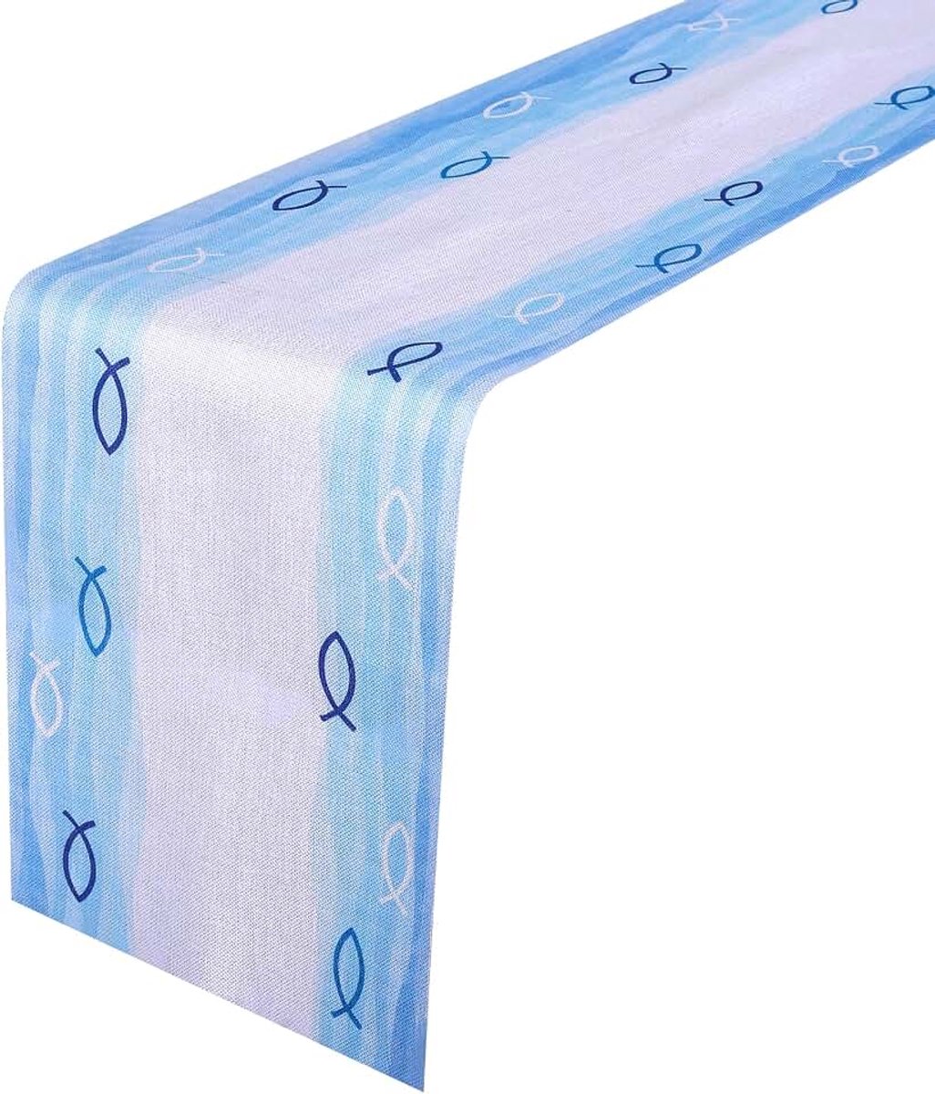 Decoratieve tafelloper, vis-tafelloper, lichtblauw, tafelband, blauwe aquarel, Ichthys, communie, decoratie, doop, jongen, communie, decoratie, tafeldecoratie, vormsel jongen, loper