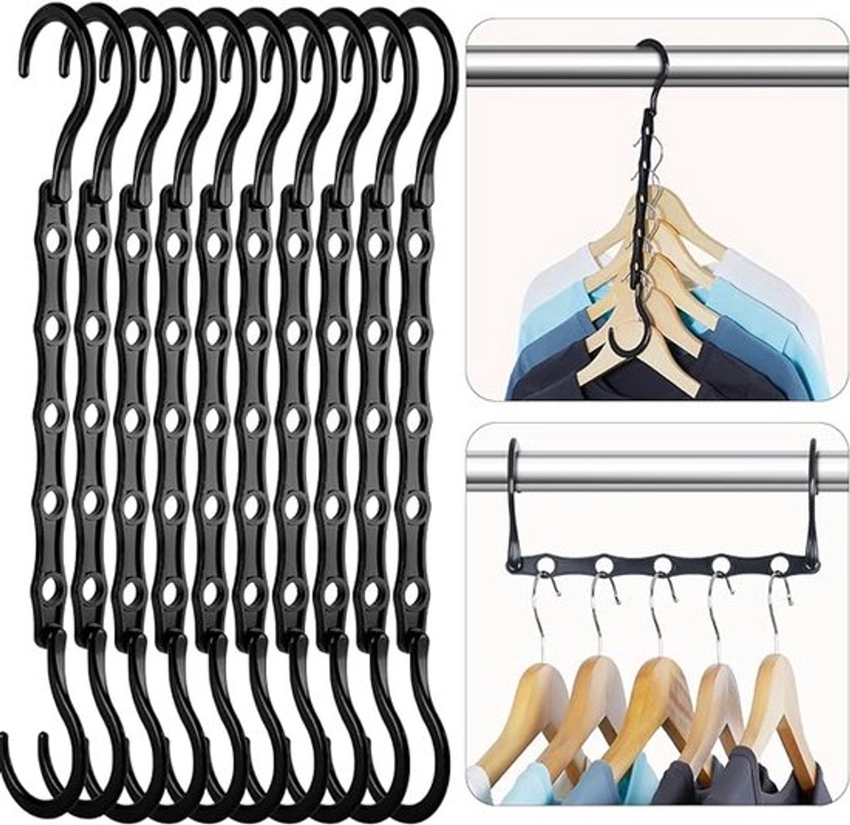 ruimtebesparende kledinghangers (10 stuks), hoogwaardige slimme haken, stevige trapsgewijze hangers met 5 gaten voor zware items, kastorganisatie en opbergruimte.