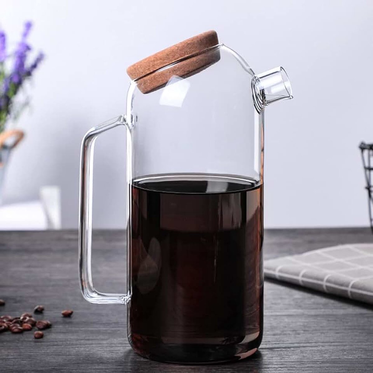 Karaf met kurkdeksel, warm/koudwaterkan, glazen theepot, hittebestendige theepot, glazen kan voor dranken, dikkere en sterkere waterkan, voor sap, water, dranken, ijsthee, wijn, koffie (1500 ml)