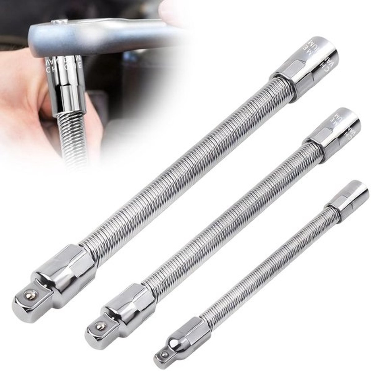 Set van 3 Flexibele Verlengstukken voor Steeksleutels 1/2, 3/8 en 1/4 Inch, Ideaal voor Klussen, Flexibele Aansluitingen en Booraccessoires