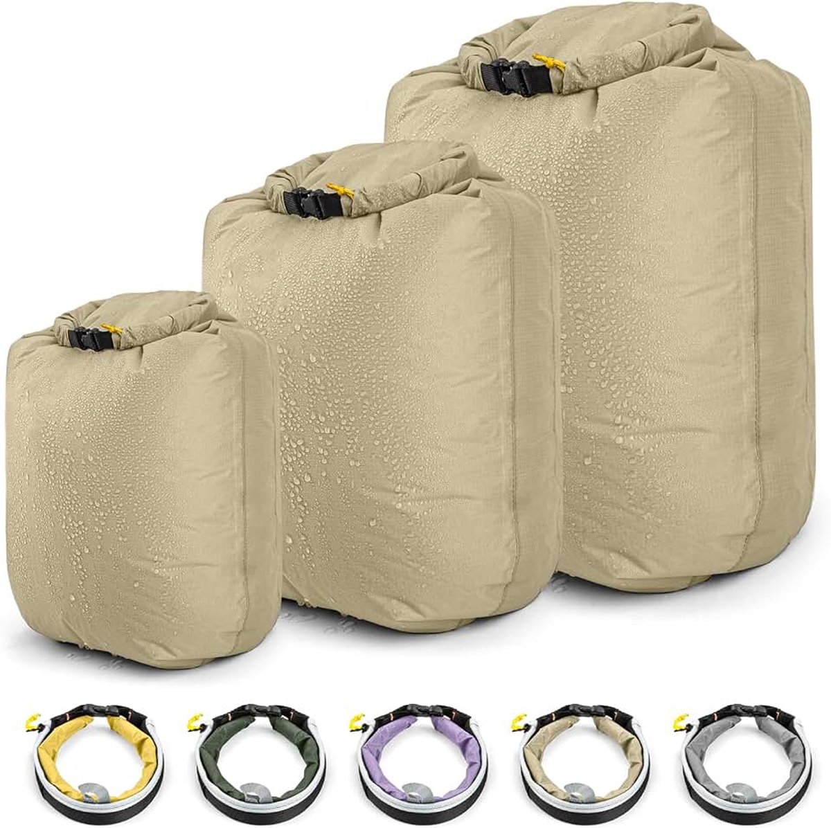 Waterdichte Dry Bag Set - Lichtgewicht Kanozakken Droogzak, Roll Top Drifting Bag,3-Pack Spulzak voor Kajakken Rafting Varen Wandelen Camping Reizen Backpacken, Kaki, Eenvoudig
