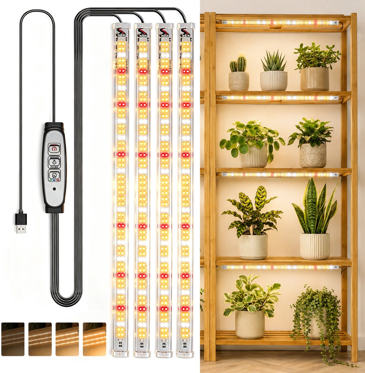 Rosnek Magnetische LED Kweeklamp Strips - 4 Lichtbalken van 30 cm - 108 LED's per Balk - Zonlichtspectrum - Timer 3/9/12 Uur - 4 Helderheidsniveaus