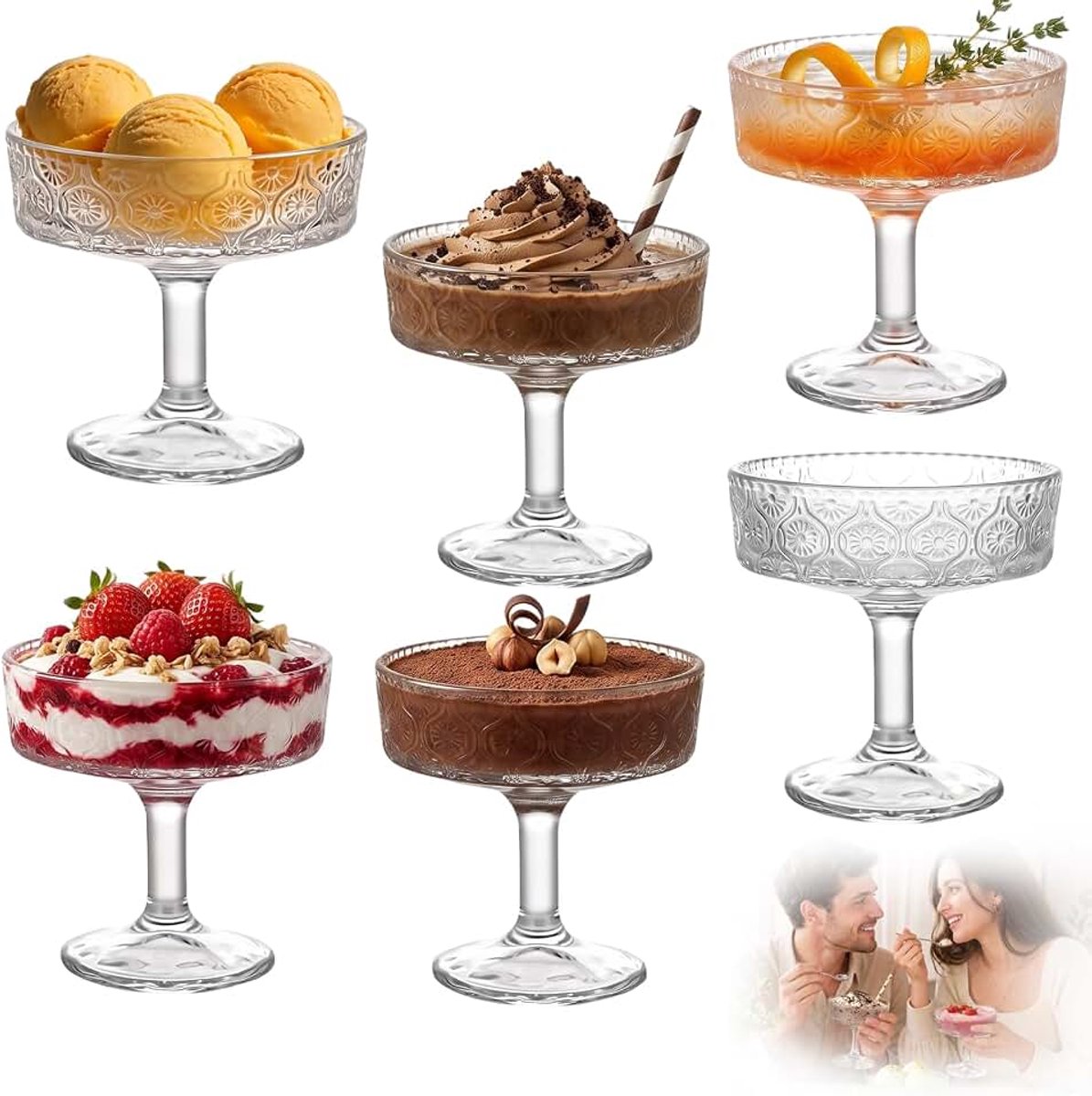 6-delig, martiniglazen, elegante cocktailglazen met steel, champagnefluiten, dessertglazen, voorgerechten, fruitsalades, puddingschalen, dessert, ijsbeker met voet, cocktailschalen