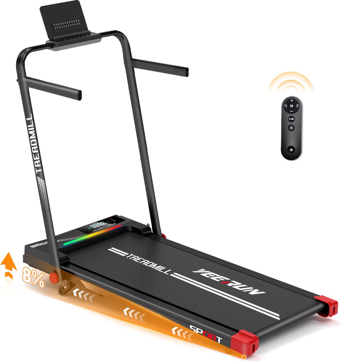YEE RUN Loopband - Hardloopband met 8% Helling - Snelheidsbereik 1 - 14km/u - Wandelband - 135 KG Draagvermogen - Inklapbaar Loopband - Treadmill - met Afstandsbediening - Veiligheidssleutel - Tablet-/telefoonhouder.