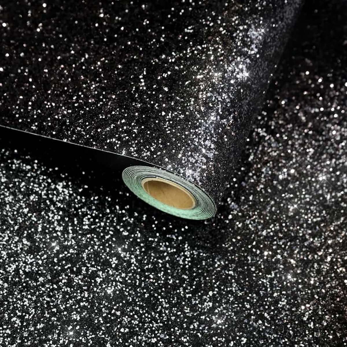 Behang, glitter, zwart, plakfolie, meubelfolie, 30 x 300 cm, meubelfolie, zelfklevend, grof glitter, wandbehang, glitterfolie, behang, vintage commode knutselideeën, kast