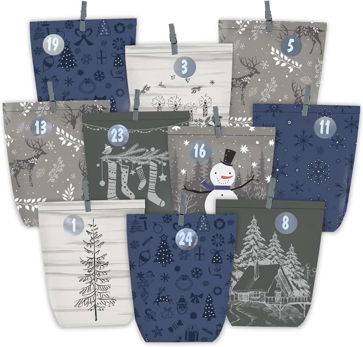 Adventskalender om te vullen, 24 kerstkalenders, papieren zakken met cijferstickers om zelf te knutselen, cadeauzakjes om neer te zetten, kraftpapieren zakjes voor kinderen en volwassenen