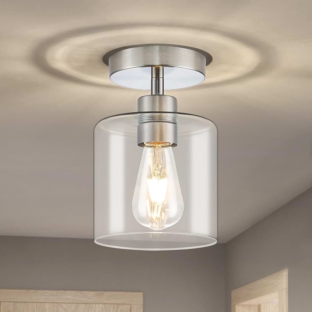 15cm Plafondlamp van Helder Glas met Metalen Voet in Nikkel | E27 Lamp Geschikt Voor Keuken,Gang,Eetkamer,Entree en Hoek