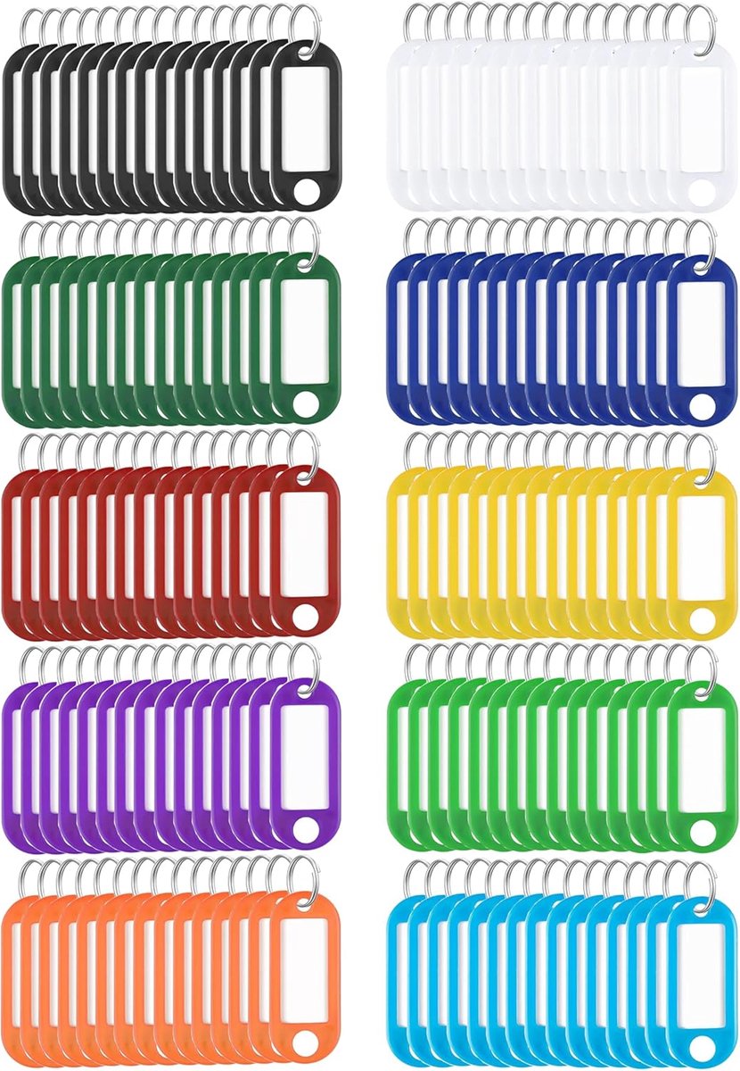 Sleutelhangers, 150 stuks, beschrijfbaar, kunststof sleutelbordjes met gedeeld ring-etikettenvenster, voor thuis en op kantoor, huisdier ID-bagagelabel, 10 verschillende kleuren