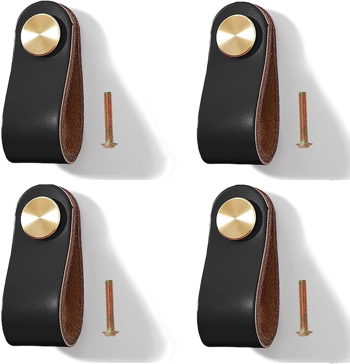 Knoppen, meubels, 4 stuks, ladeknopen van leer, kastgrepen, lederen lussen met schroeven, knopen, commode, leren kast, lederen handgrepen voor wooncultuur, meubelgrepen, enkel gat