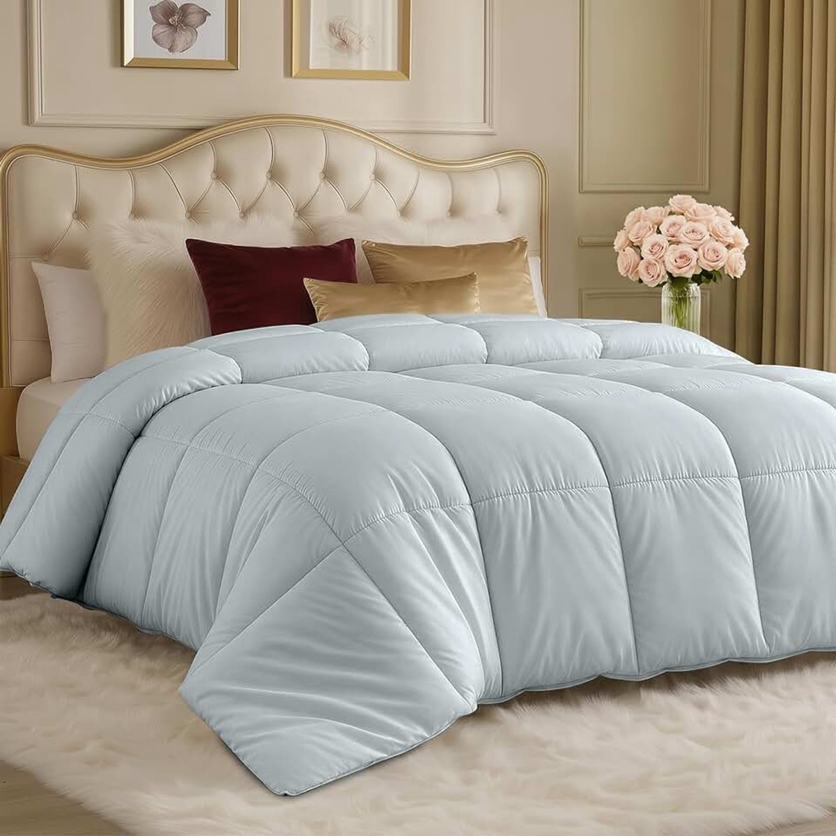 Bedding Dekbed voor het hele seizoen, 250 g/m² - pluche gesiliconiseerde fiberfill dekbed King Size - Box gestikt (King/Cal King, Beige)