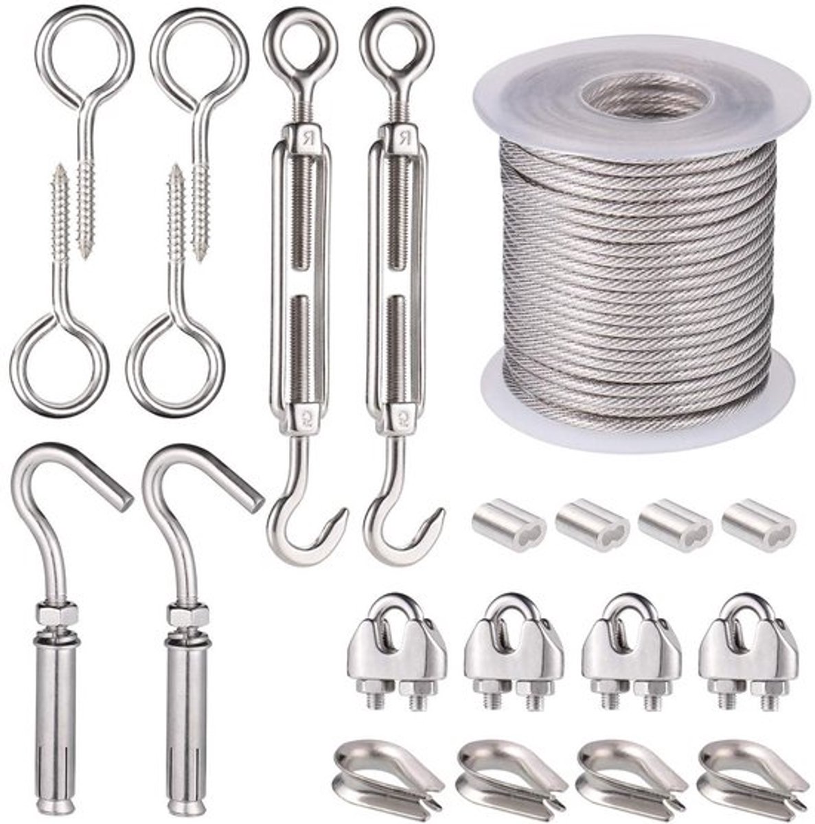 Staalkabel set - 21 stuks, 15 meter PVC-gecoat - 2mm, inclusief spanner, oogschroeven en haken - voor zonnezeil en relingen