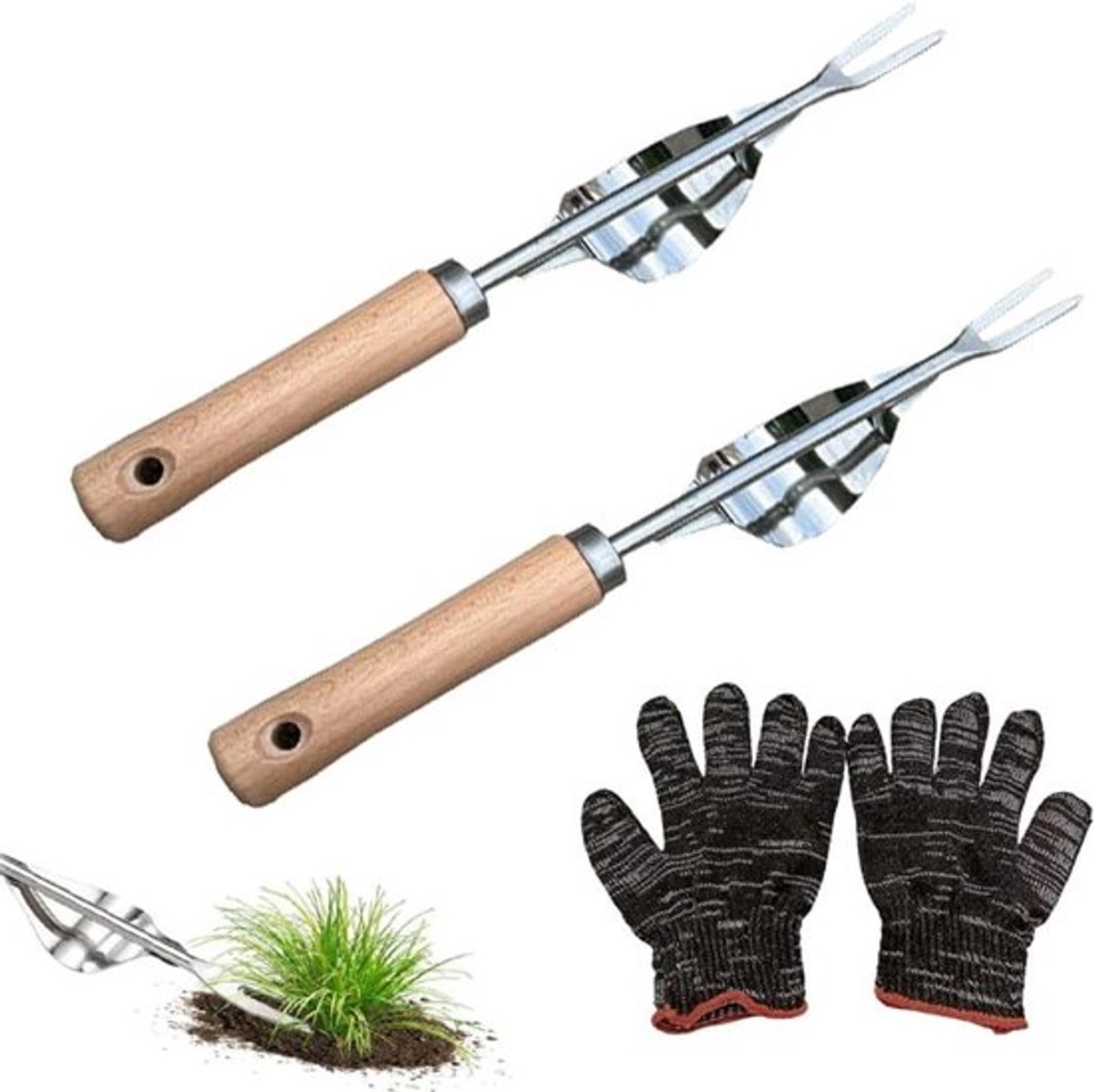 Handmatige onkruidverwijderaar van roestvrij staal - Set van 2 - Voor het uitgraven en losmaken van de grond - Tuiniers cadeau - Efficiënt onkruid verwijderen.