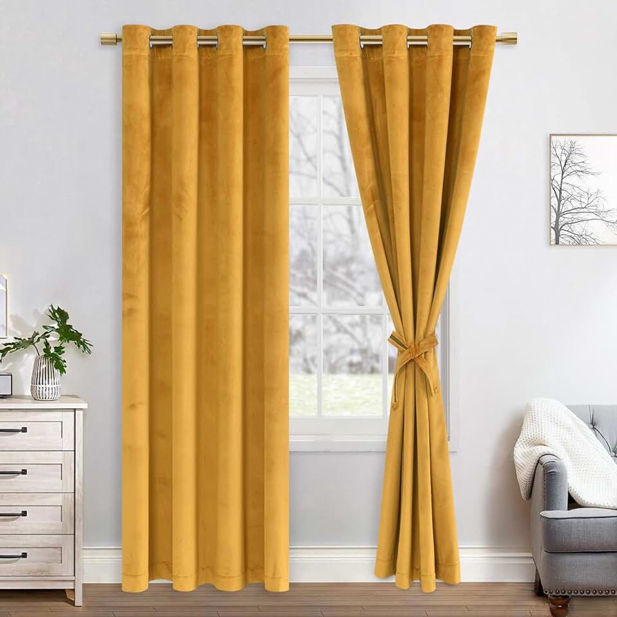 Verduisteringsgordijn van fluweel, set van 2, zacht, ondoorzichtig, met ingestanste ringen, voor de slaapkamer, 140 x 215 cm (breedte x hoogte), warm glanzend