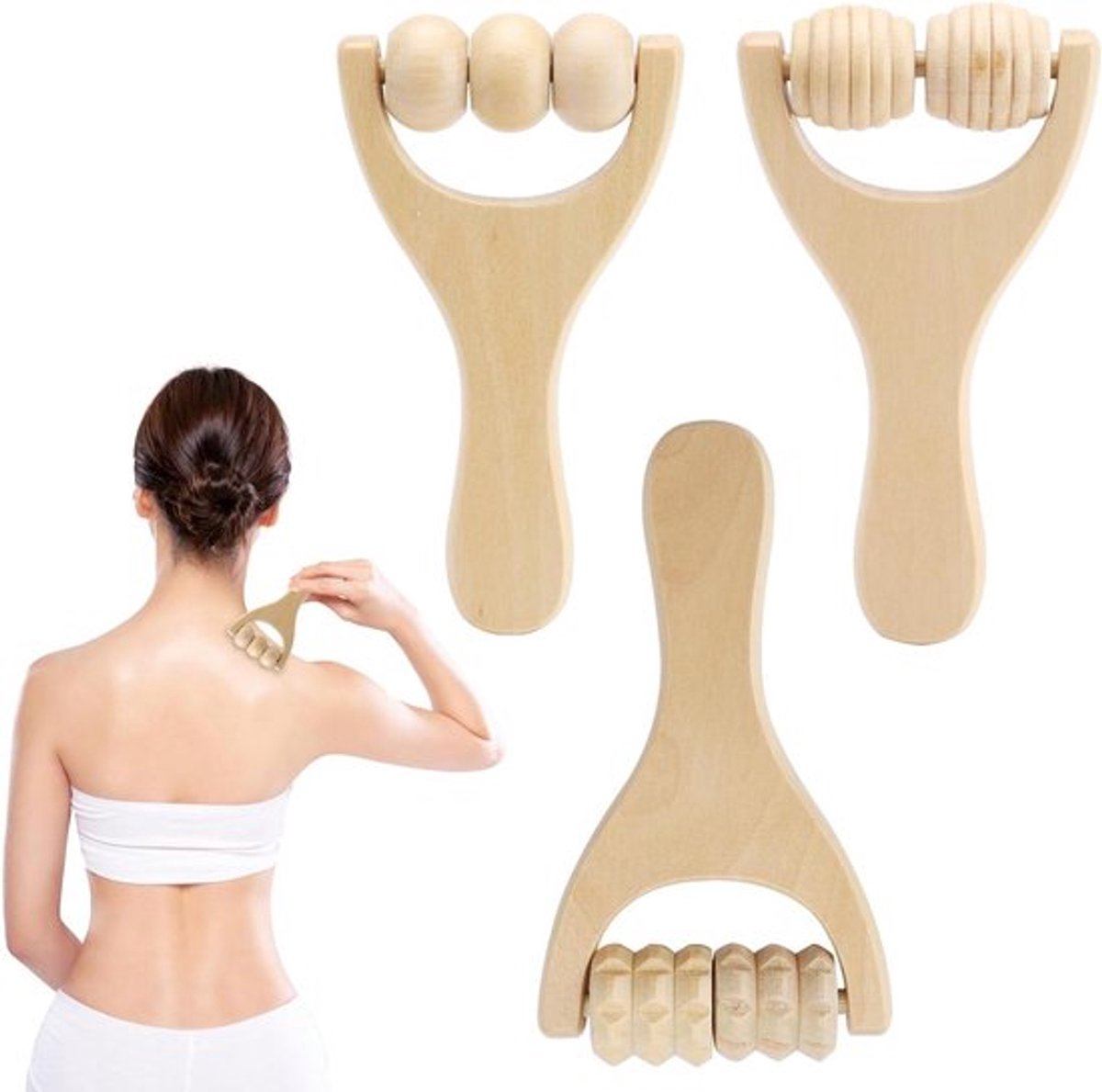 Houten Massageroller Set voor Rugspieren en Fasciarol - Handmatig Houttherapie Massagegereedschap met Handvat - Spierontspanning en Fasciabaaf - Set van 3