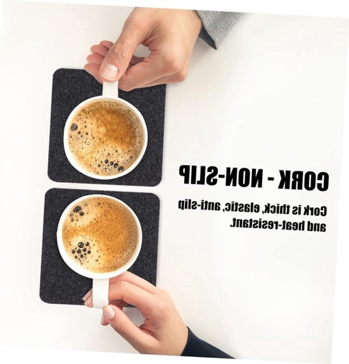 Set van 8 Dubbelzijdige Kurk en Vilt Onderzetters - Vierkante Onderzetters voor Dranken, Makkelijk Schoon te Maken, Ideaal voor Thuis, Kantoor en Café - 10x10cm Zwart