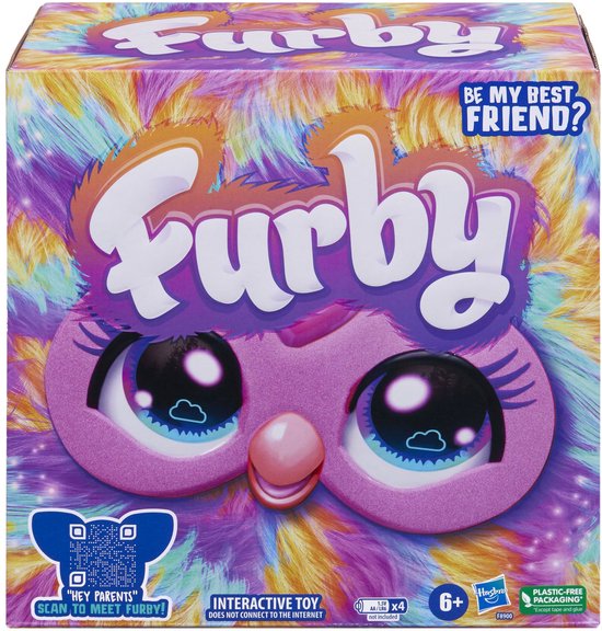 Doos van Furby met veelkleurige vacht, grote ogen en de tekst 'Furby' en 'BE MY BEST FRIEND?'.