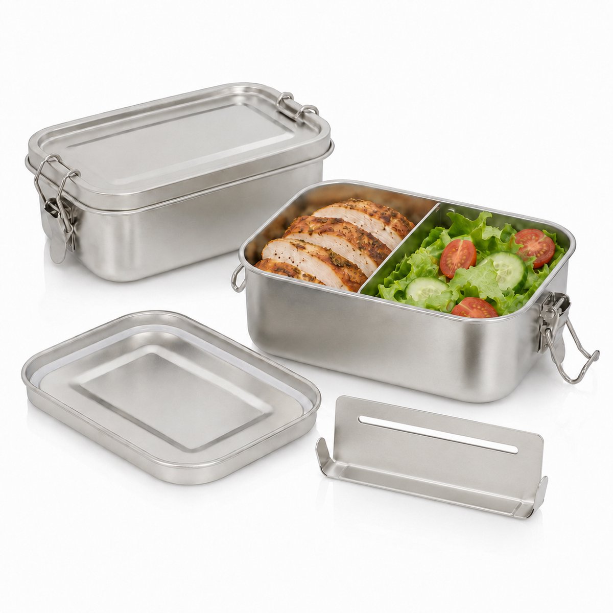 RVS Bento Box-1400 ml - RVS Lunchbox met Uitneembare Verdeling - Lekvrije Broodtrommel en Stapelbare Vershoudbakjes - 304 Roestvrij Staal - voor Werk, School en Camping-Een verdeler voor een bentobox