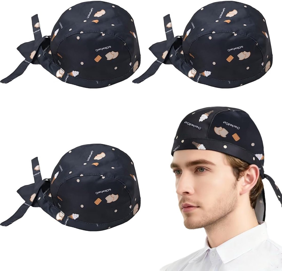 Set van 4 Leuke Dessertprint Koksmutsen met Strik – Ademende Bandana-stijl Werkhoeden voor Keuken en Catering