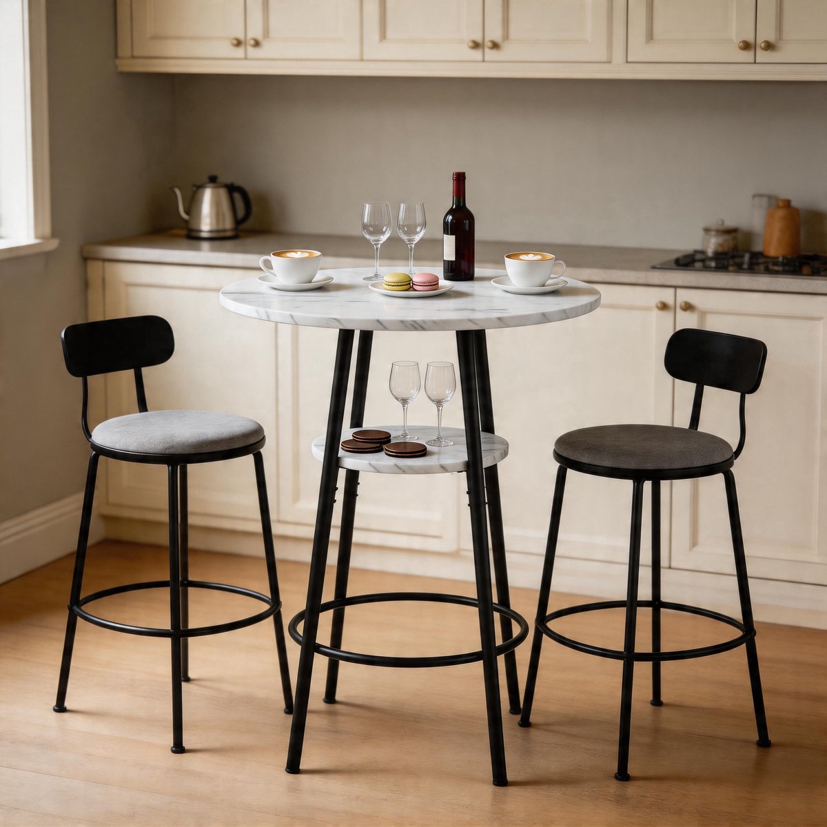 Bartafel - Moderne Hoge Tafel Met Opbergruimte En Marmerlook Blad - Zwart Metalen Frame Wit