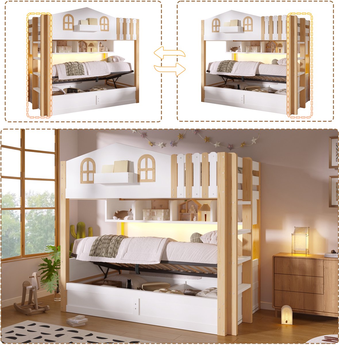 Etagenbed 90x200cm - Hausdesign met LED Verlichting en Opbergruimte - Wit Natur