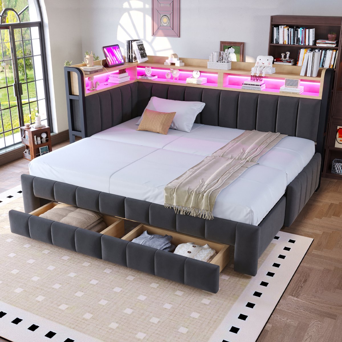 Polsterbett Schlafsofa 90/180 × 200 cm - Multifunctioneel Meubel met LED-verlichting en Opbergruimte - Samtstoff Dunkelgrau