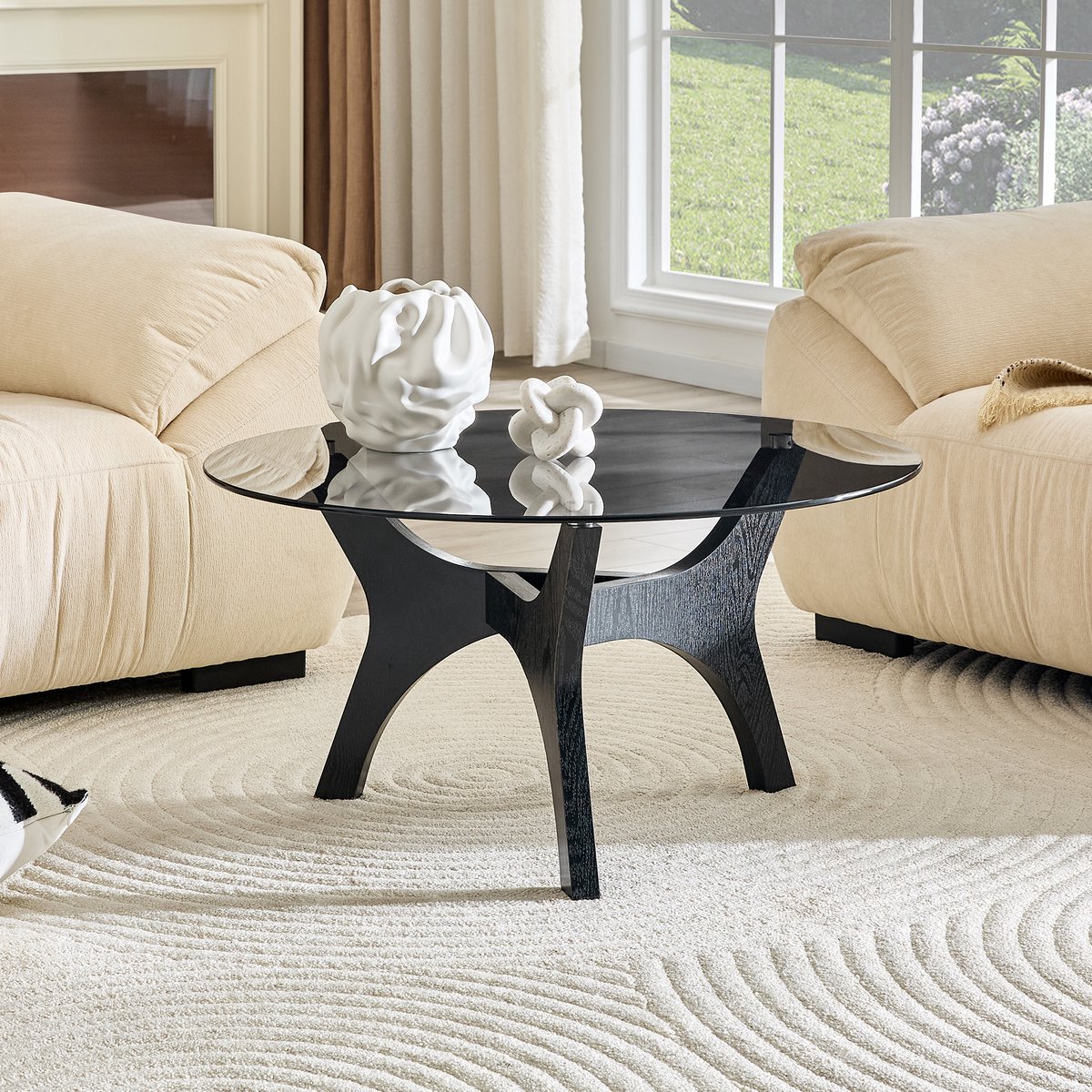 Ronde Salontafel 80 cm - Moderne Glazen Salontafel Met Zwart Houten Frame - Elegante Woonkamer Tafel Met Stevig Design - Scandinavische Bijzettafel Voor Woonkamer, Kantoor En Lounge
