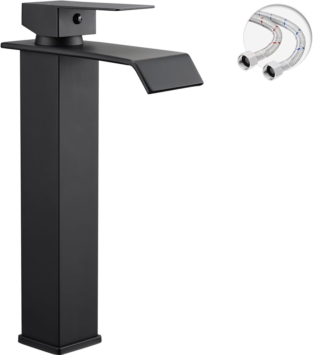 KZQ Waterkraan Badkamer Wastafelkraan Modern Badkamerkraan Wastafelmengkraan Waterval Badkamer Kraan Eengreepsmengkraan Warm En Koud Verstelbare Wastafelarmatuur - Hoog Model - Zwart Recht - Incl G3/8 Slangen