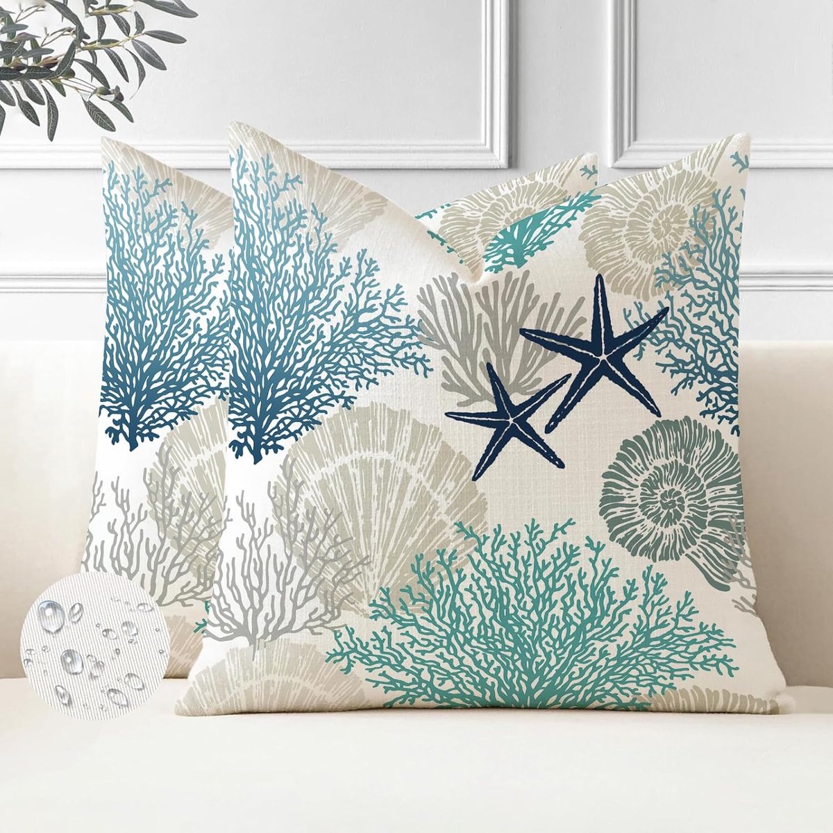 Buitenhoezen set van 2 - waterdicht - 50 x 50 cm - moderne zeeschelp en koraalster - SnelShoppen