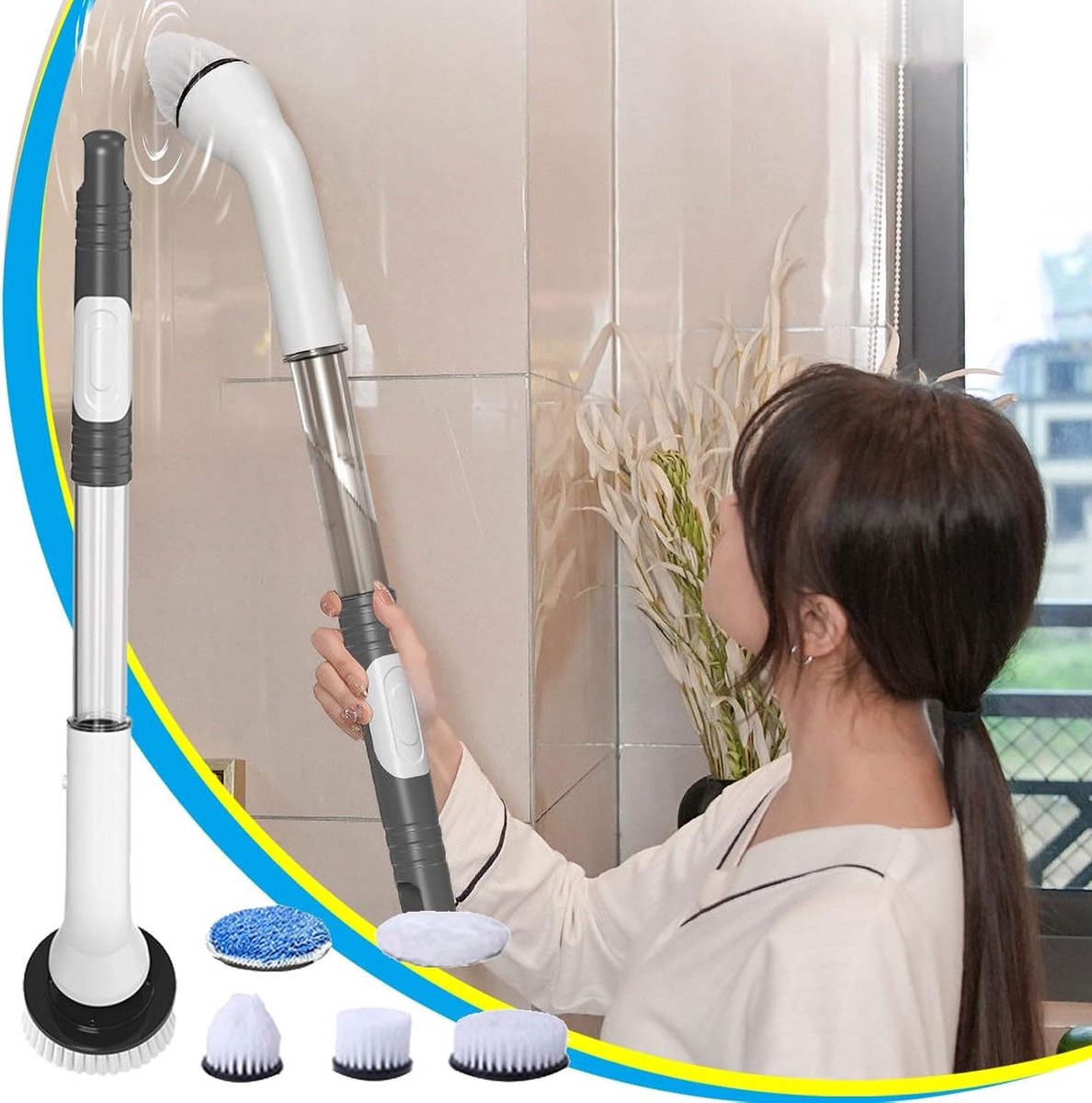 Elektrische Schrobber - Reinigingsborstel Set - Badkamer Schoonmaken - 5 Vervangbare Opzetborstels - 50 cm Lengte - Wit