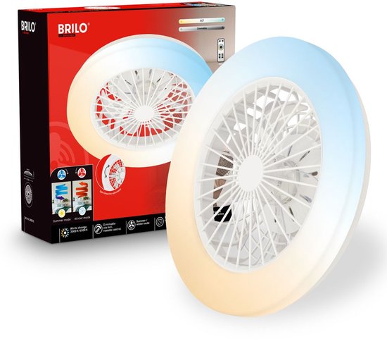 Ventilatorlamp met verlichting en verpakking, met functies voor zomer-/wintermodus en dimbaar licht.