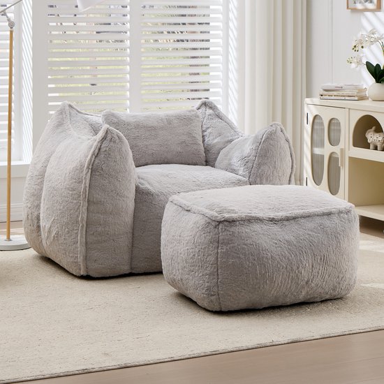 Zitzak met Voetenbank - Loungestoel van Imitatie Konijnenbont - Ergonomische Rugleuning - Hoogdichtheid Schuimvulling - Relaxfauteuil voor Woonkamer en Slaapkamer - Max. 200 kg-Grijs