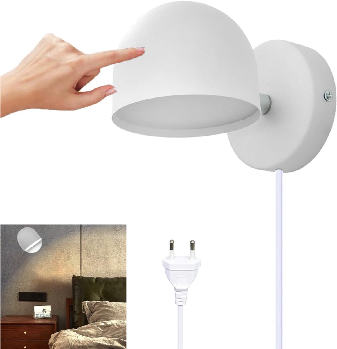 QORA® Wandlamp Binnen met Snoer - Wandlamp - Wandlamp Binnen - 360° Draaibaar - 3000k Warm Wit - Wit - 13cm x 13cm x 16cm